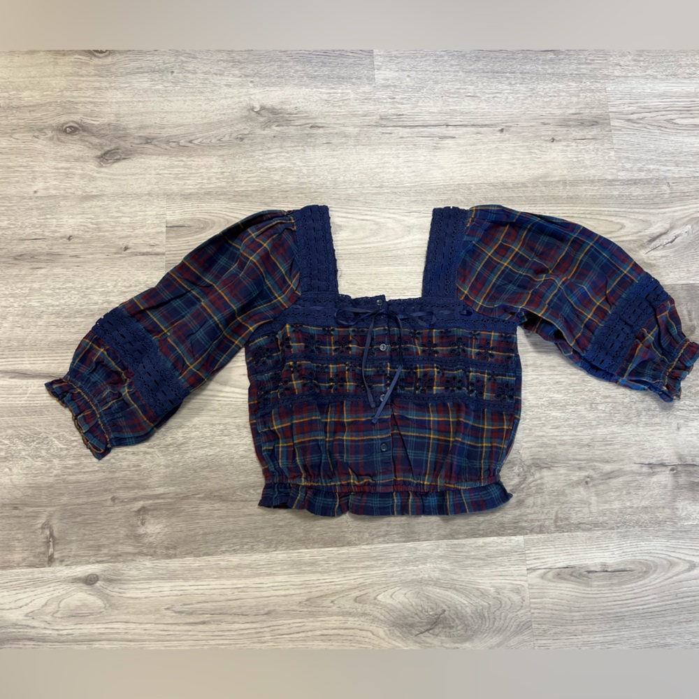 American Eagle Boho Plaid Crochet Top Size M